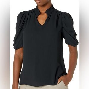 Lark & Ro Women's Georgette Half Sleeve Ruffle Neck Woven Blouse Black Size M